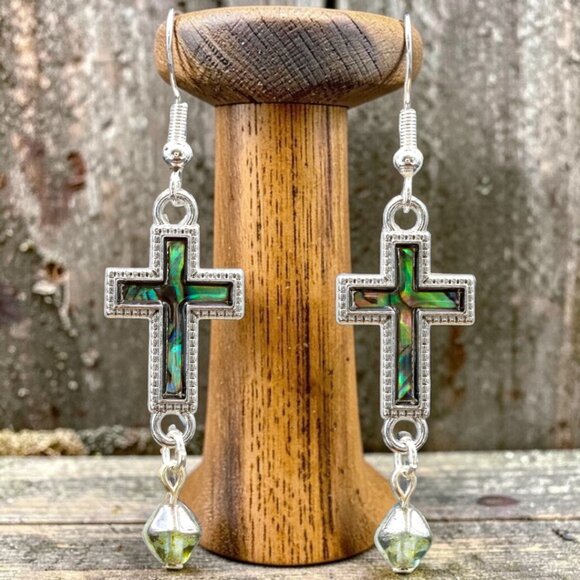 Artisan Jewelry - Abalone Cross Drop Earrings Silver Green | Handmade